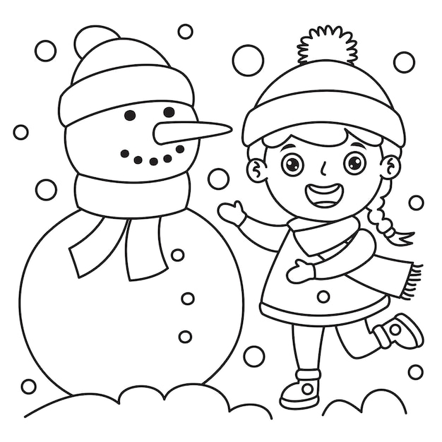 눈사람을 만드는 겨울 옷을 입은 소녀, 어린이를위한 라인 아트 드로잉 색칠 공부 페이지 | 프리미엄 벡터